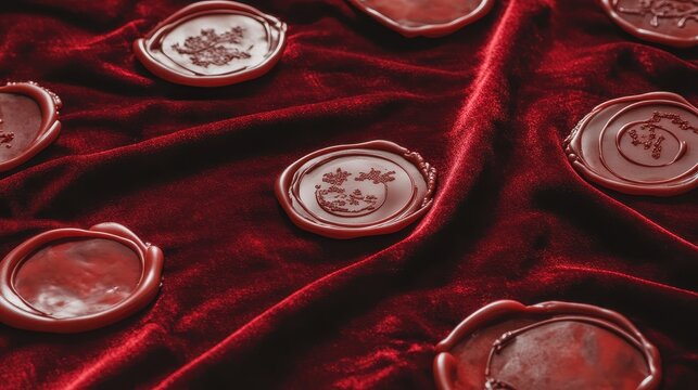Collection of antique embossed wax seals on red velvet fabric - Powered by Adobe