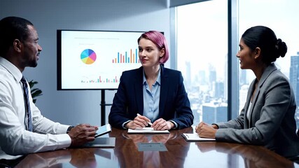 Diverse group of colleagues in a boardroom meeting, exchanging ideas and collaborating on a project. A woman team leader sharing data analysis with her multicultural team members - Powered by Adobe