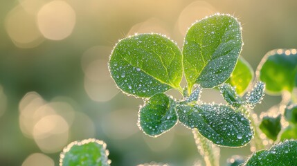 Close-up of green leaves with dew drops illuminated by sunlight