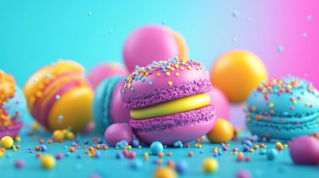 CloseUp of Colorful Macarons on Display with Sprinkles