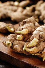 Fresh Ginger Root with Yellow Buds and Seedlings on Wooden Board