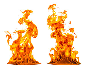 Vivid orange flames dance against black, two fiery forms