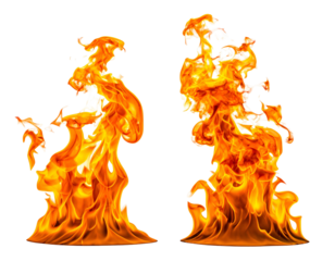 Vivid orange flames dance against black, two fiery forms