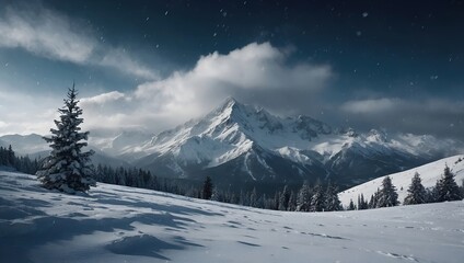 Majestic winter mountain landscape high snow-capped peak background solitary fir tree foreground deep blue sky snowfall