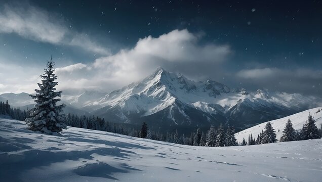 Majestic winter mountain landscape high snow-capped peak background solitary fir tree foreground deep blue sky snowfall