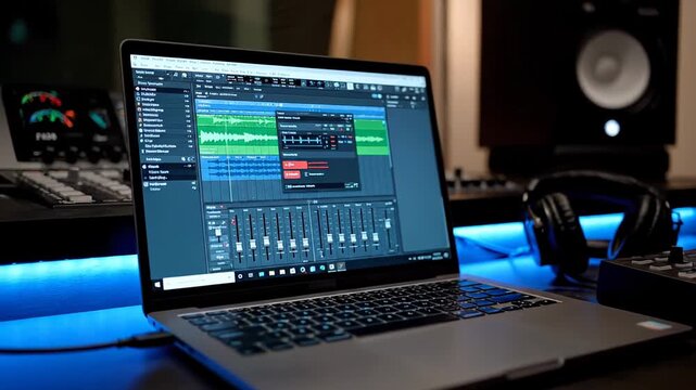 Modern music production setup with laptop running a DAW, professional mixing gear, audio interface and monitors on a desk for composing, editing and recording high quality tracks