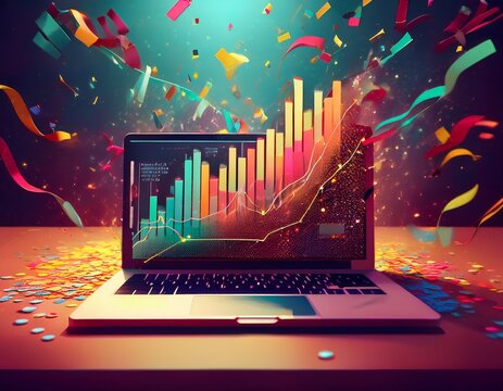 stock market success with laptop and confetti - Powered by Adobe
