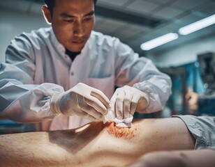 Obraz premium Medical Professional Treating Wound on Patient in Clinical Setting