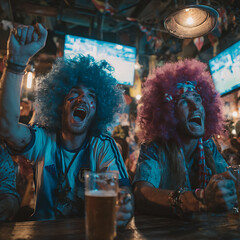 Friends wearing colorful wigs and holding drinks, watching a World Cup match at a sports bar, making loud celebration gestures.