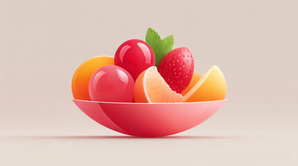 3D fruit bowl illustration, glossy red and orange, representing healthy eating and fresh food concepts