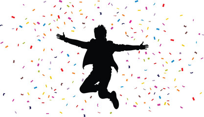 Joyful silhouette of a person jumping with arms outstretched amidst a colorful confetti explosion.