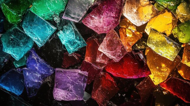 Collection of multi-colored glass shards forming an abstract pattern