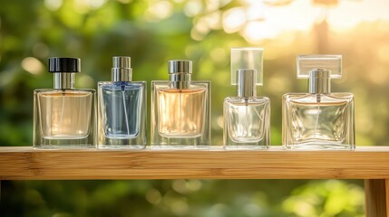 Elegant perfume bottles displayed on a bamboo shelf
