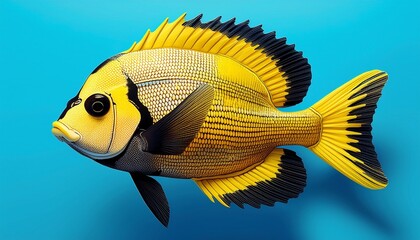 pixelated yellow and black fish on light blue background