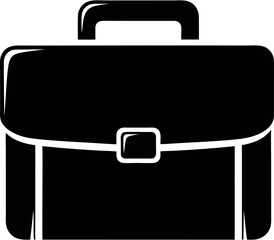 Black and white graphic of a briefcase with handle and latch.
