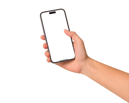 A hand showing a modern premium smartphone with a blank screen, isolated on transparent PNG.	
 - Powered by Adobe