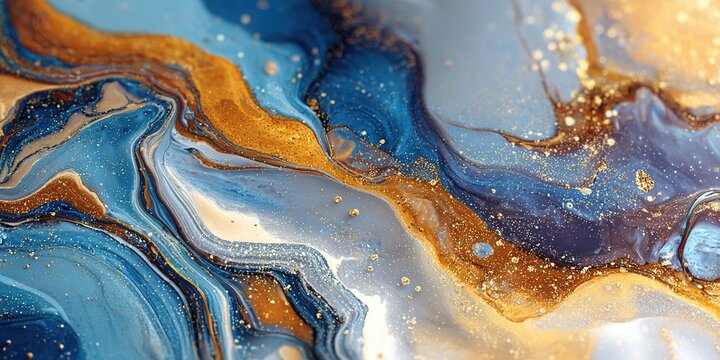 Exquisite blue and gold marble background with fluid swirls of acrylic paint and shimmering metallic specks creating abstract gemstone or river flow texture