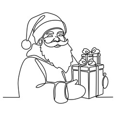 Outline of a profile in one line of a smiling Santa Claus with presents. Great for Christmas, holiday promotions, and greeting cards.	
