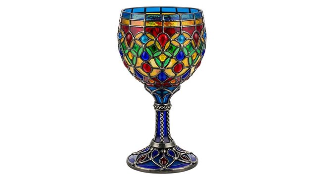 Ornate stained glass goblet with intricate colorful patterns