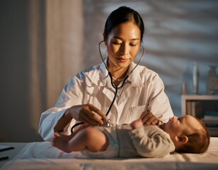 Caring doctor examining patient with stethoscope in clinical setting