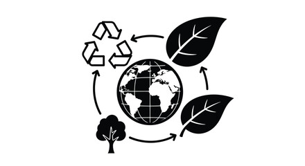 Obraz premium Recycling symbols surround a globe with leaves and a tree, illustrating environmental conservation.