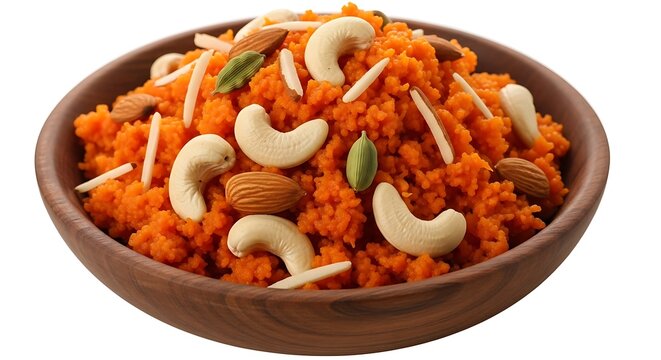Gajar ka halwa, a traditional indian carrot pudding, garnished with nuts and cardamom