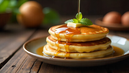 Fluffy Stack of Pancakes with Melting Butter and Maple Syrup Vector Illustration