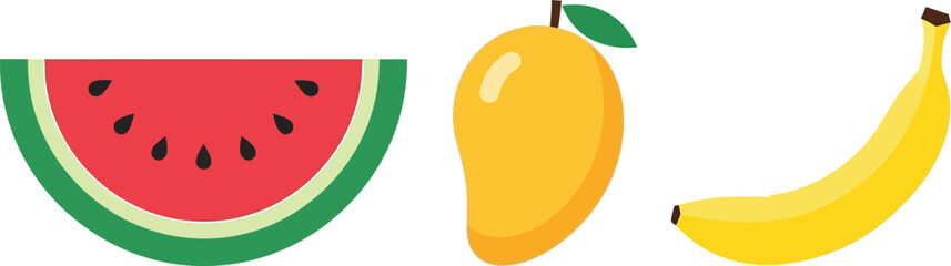 Obraz premium A slice of watermelon, a mango, and a banana are displayed side by side.