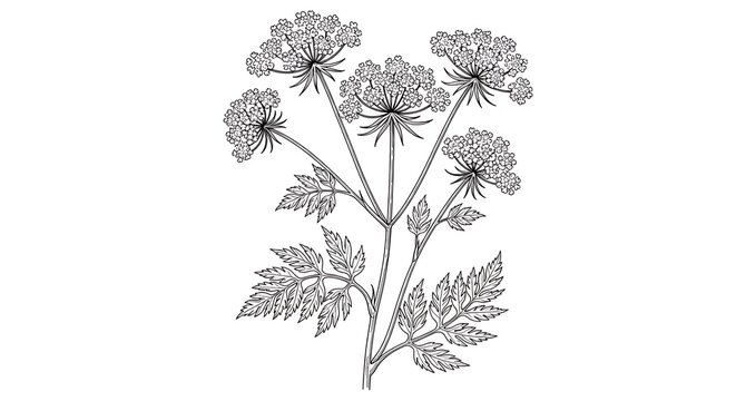 Detailed black and white illustration of a queen annes lace flower cluster