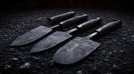 Four Black Metal Garden Shovels Arranged on Dark Ground