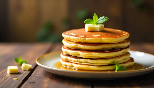 Fluffy Stack of Pancakes with Melting Butter and Maple Syrup Vector Illustration - Powered by Adobe