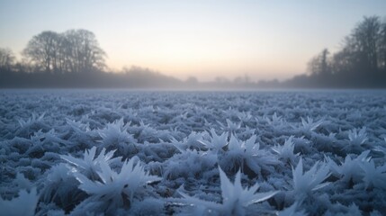 Frosty Landscape with Ice Crystals Across a Clearing at Dawn