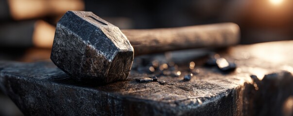 Close-up of a blacksmiths hammer resting on an anvil.