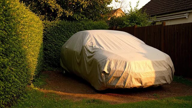 Beige protective fabric drapes over a parked car in a residential driveway, shielding the vehicle from sun, rain and dust while waiting hidden in a garden setting