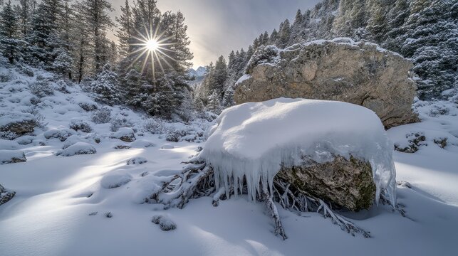 Gnarled pine roots exposed with ice and snow in the winter