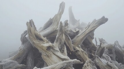 Heavily weathered driftwood pieces covered with salt and fog