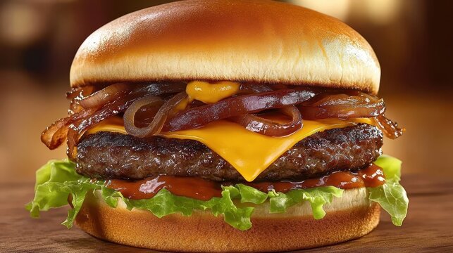 Delicious American Burger with Cheese and Caramelized Onions