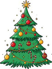 A festive illustration of a decorated Christmas tree with ornaments.