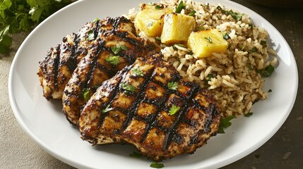 Grilled Caribbean Jerk Chicken with Rice and Pineapple on a Plate
