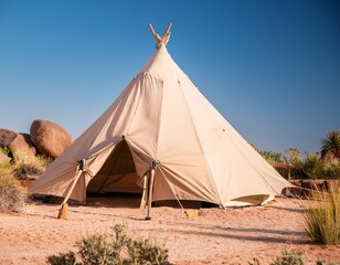 rustic beige canvas tent on a sandy base surrounded by rocks and grass wooden poles support the simple shelter