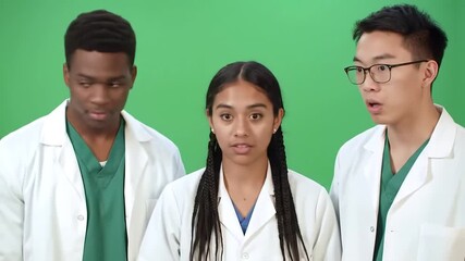 Three diverse medical students or young doctors in white lab coats and green scrubs standing against a green screen engaged in a serious discussion or collaborative problemsolving session conveying p. - Powered by Adobe