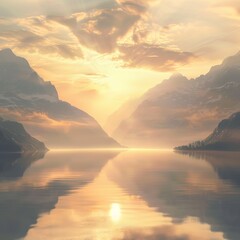 realistic serene landscape at sunrise, soft golden light over mountains and still waters