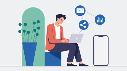 Remote work concept with person using laptop, smartphone, and icons for email, sharing, and analytics, symbolizing digital productivity
