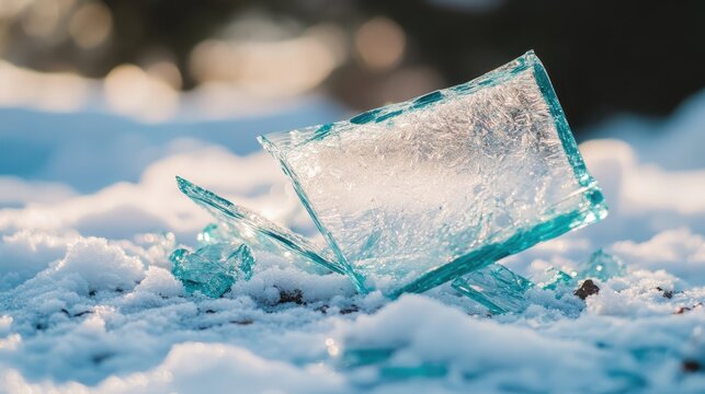 Fragments of broken glass resting in fresh snow outdoors