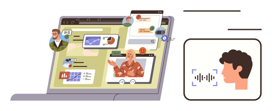 Laptop screen displaying collaborative tools, video chats, and graphs accompanied by a voice recognition interface. Ideal for virtual meetings, teamwork, remote work, communication, technology