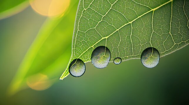 Dewdrops on green leaf magnifying intricate details of plant