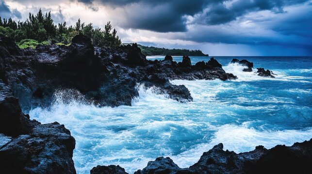 Dramatic eroded coastline with waves crashing against rocky cliffs