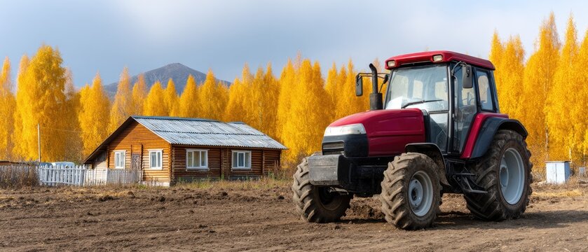 A classic red tractor is parked on a vibrant green lawn beside an old barn and a beautiful autumn tree, showcasing seasonal colors