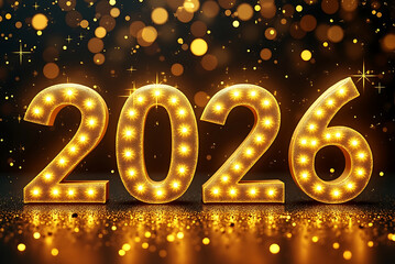 2026 new year digits with light bulbs on a dark bokeh backdrop for festive celebration events