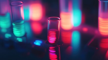Glowing DNA Test Tube Displaying Data Streams in Vibrant Neon Light